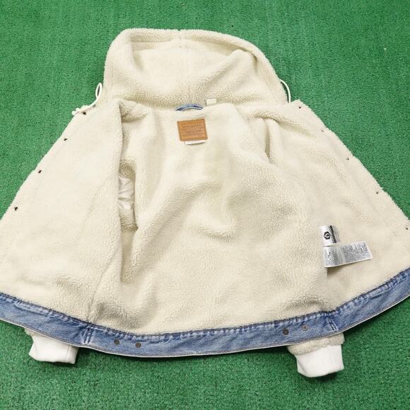 Levis Denim Trucker Jacket Womens Large Ex-Boyfriend Sherpa Sleeve Hood Premium - Picture 7 of 12